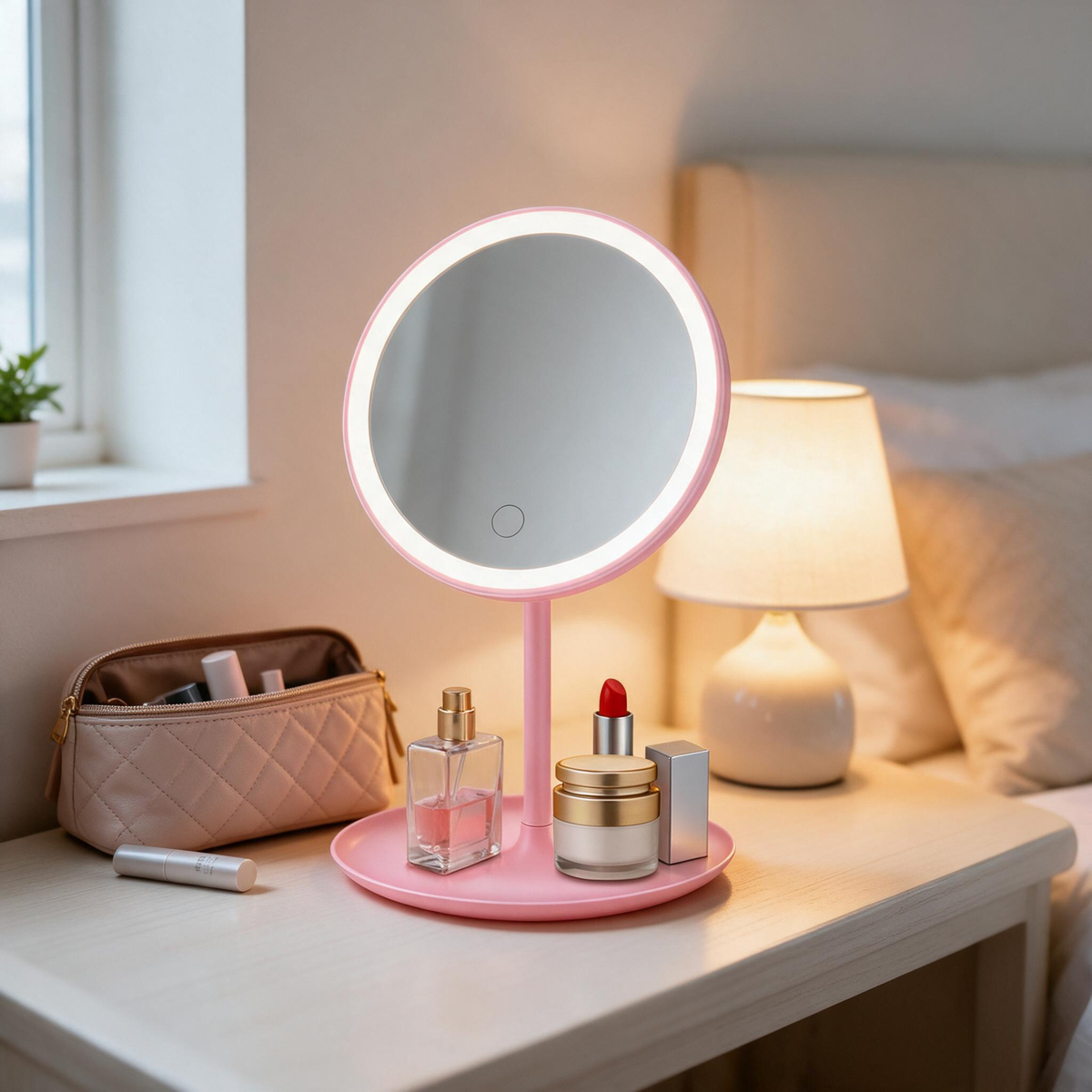 🔆 Vanity Mirror | ABS Plastic | Bedroom | Beauty Lovers | Pink Dimmable LED Glow