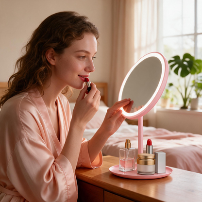🔆 Vanity Mirror | ABS Plastic | Bedroom | Beauty Lovers | Pink Dimmable LED Glow