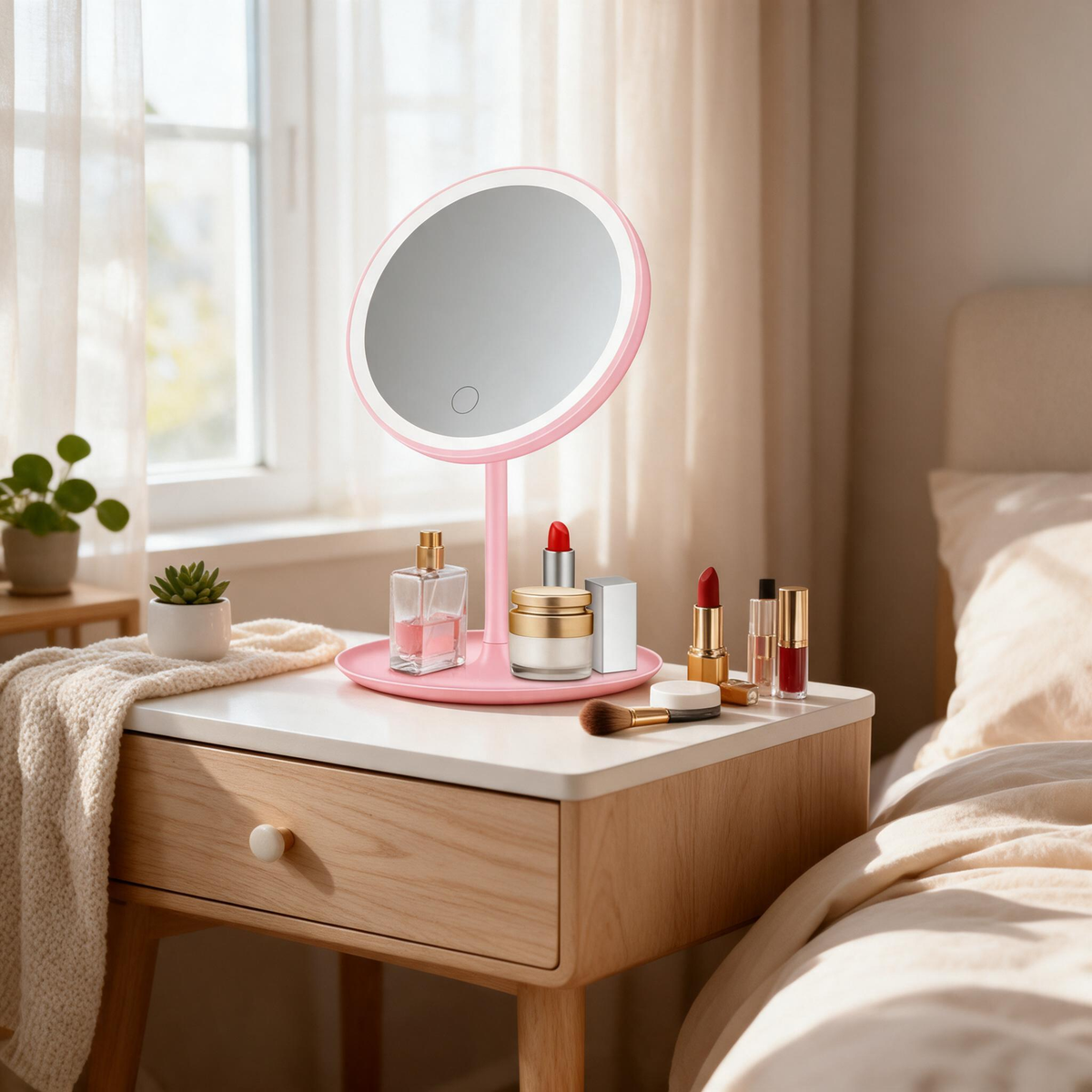 🔆 Vanity Mirror | ABS Plastic | Bedroom | Beauty Lovers | Pink Dimmable LED Glow