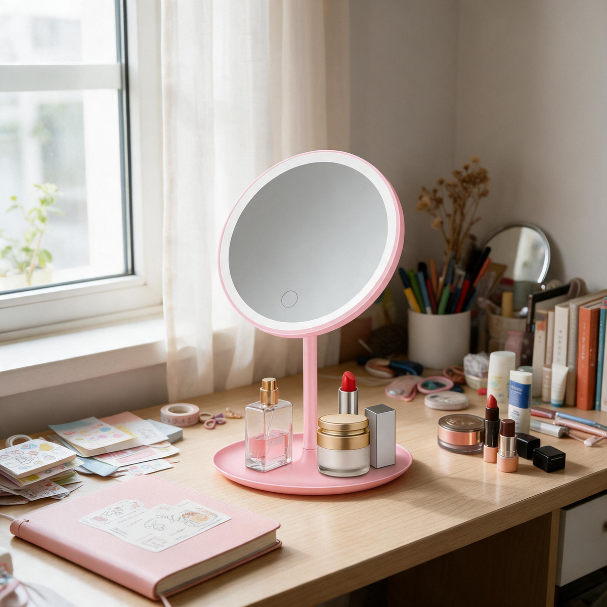 🔆 Vanity Mirror | ABS Plastic | Bedroom | Beauty Lovers | Pink Dimmable LED Glow